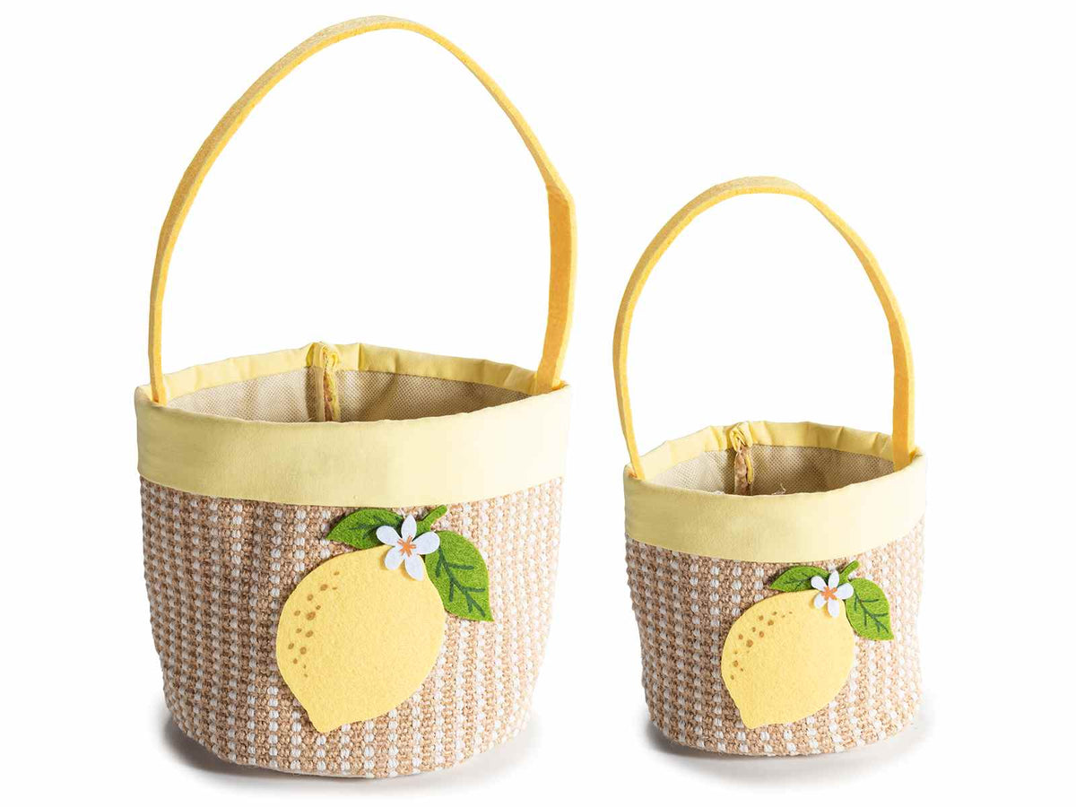 Cestini in panno lavorato effetto juta e decoro limone in set da due pezzi, set da 4 pezzi, Grande: Ø 15 cm x 15 H