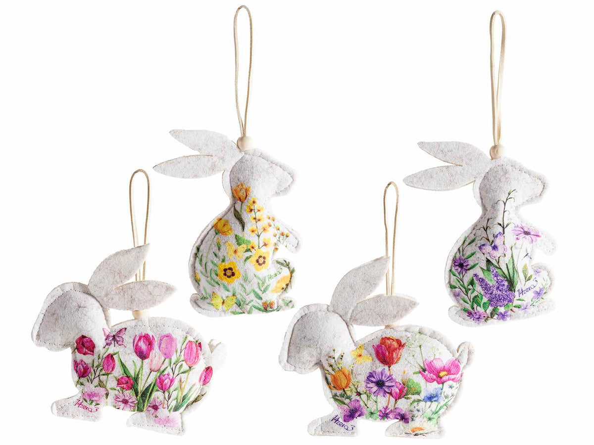 Coniglietti pasquali in panno con stampa floreale da appendere, set da 20 pezzi, cm 8,5 x 12 H
