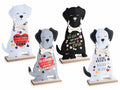 Cani decorativi in panno su base legno, con stampa, scritte e collare in legno, set da 8 pezzi, cm 15,5 x 5 x 25 H