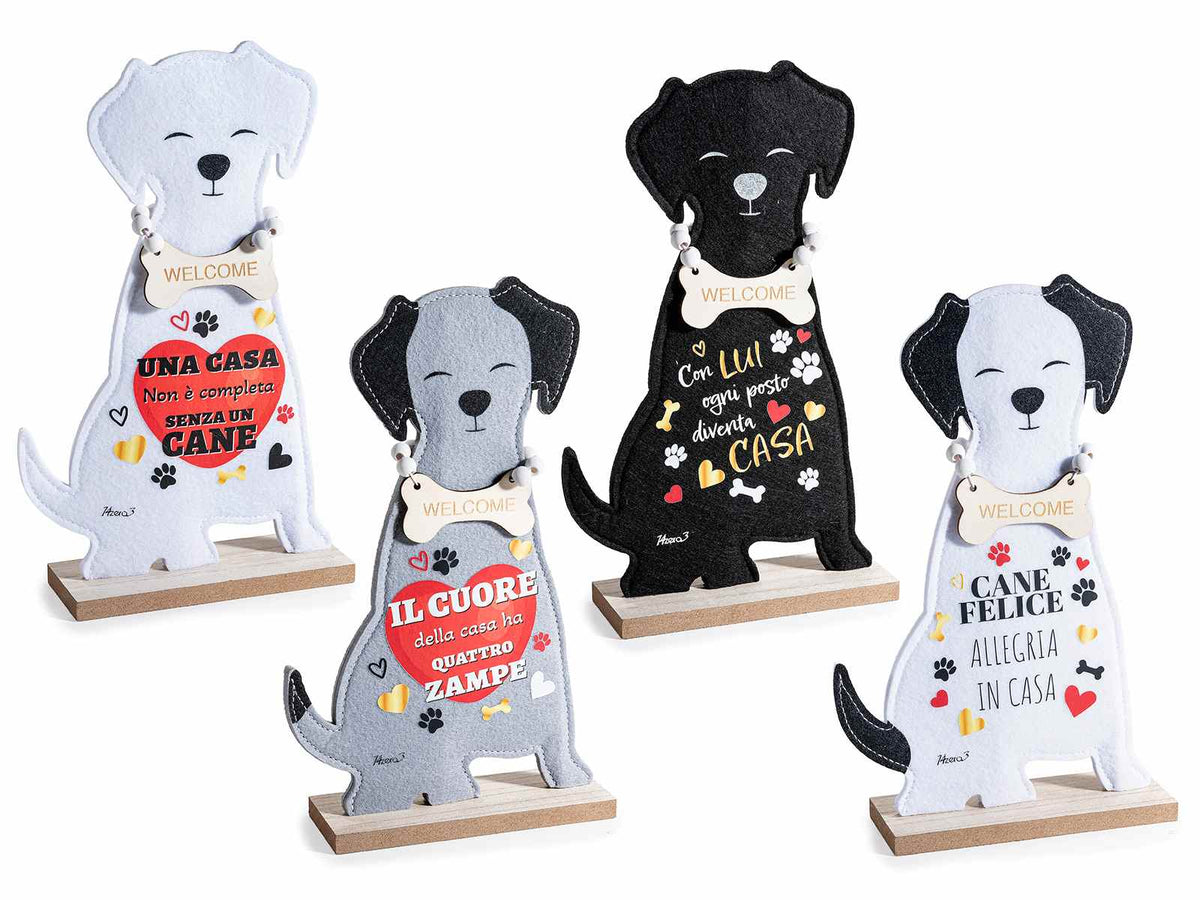 Cani decorativi in panno su base legno, con stampa, scritte e collare in legno, set da 8 pezzi, cm 15,5 x 5 x 25 H