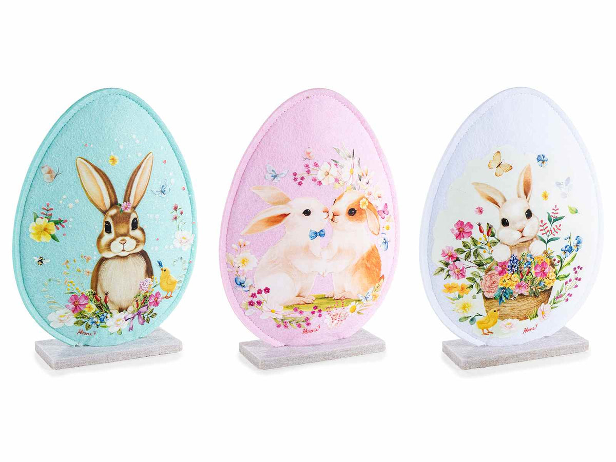 Uova di Pasqua decorative in panno colorato con stampa conigli pasquali, set da 9 pezzi, cm 15,5 x 4,5 x 21 H