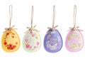 Uova di Pasqua in panno con decori floreali, scritta augurale e fiocchetto, set da 16 pezzi, cm 9 x 12 H