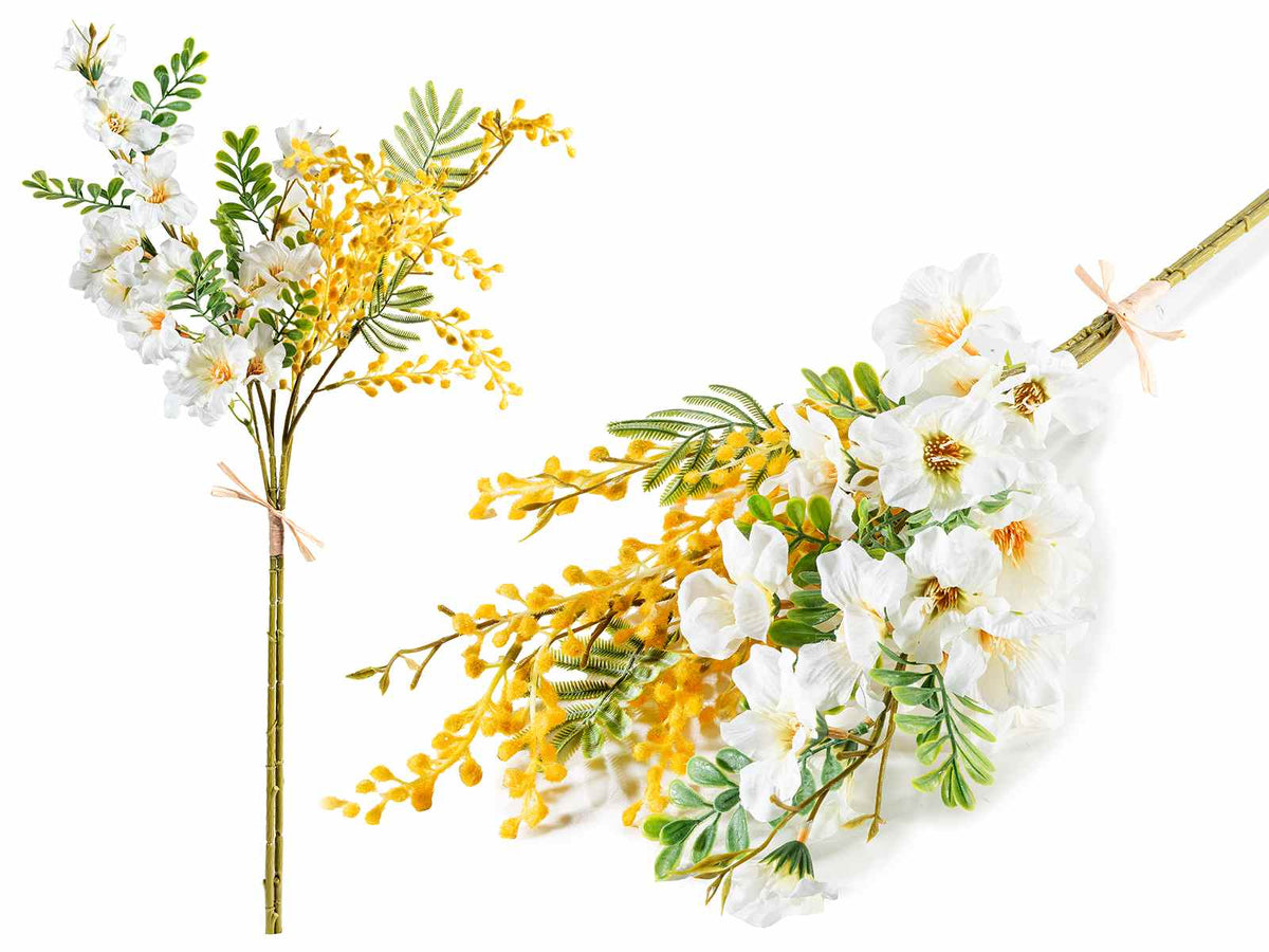 Bouquet / mazzo di fiori con rami di mimosa e fiori di campo artificiali, set da 6 pezzi, cm 42 H (con gambo 81)