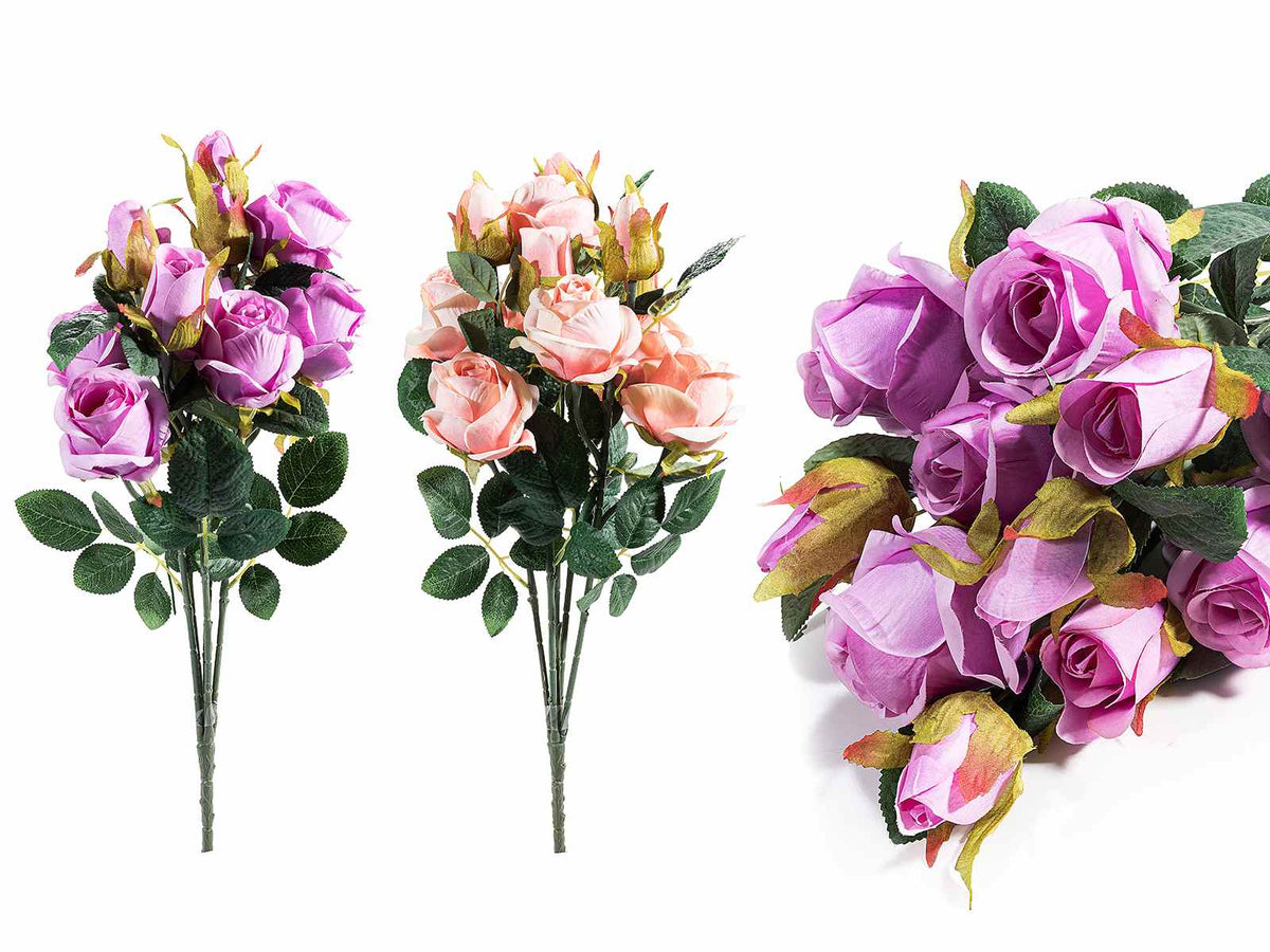 Mazzo a bouquet di rose artificiali viola e rosa in stoffa, set da 4 pezzi, cm 35 H (con gambo 56)