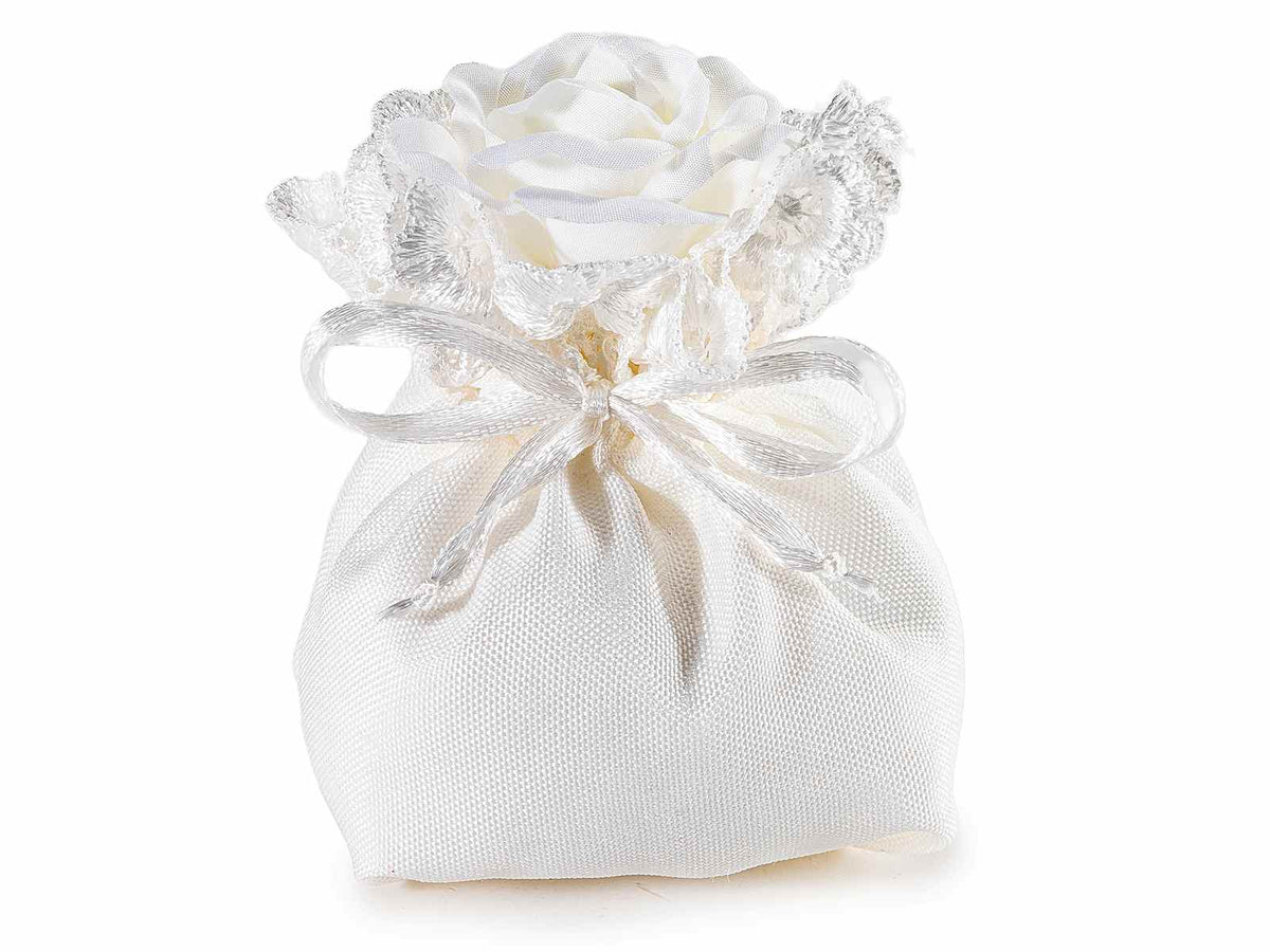 Sacchetti bomboniera in stoffa bianco bordo in pizzo, rosa e tirante, set da 20 pezzi, cm 6x6x9,5 H (al tirante 5)