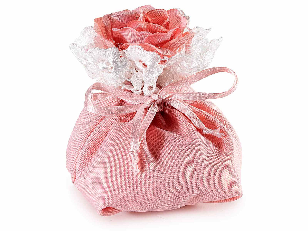 Sacchetti bomboniera in stoffa rosa con bordo in pizzo, rosa e tirante, set da 20 pezzi, cm 6x6x9,5 H (al tirante 5)