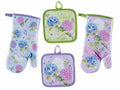 Set tessili cucina con guanto e presina con decori ortensie, set da 4 pezzi, Guanto: cm 17 x 30 H