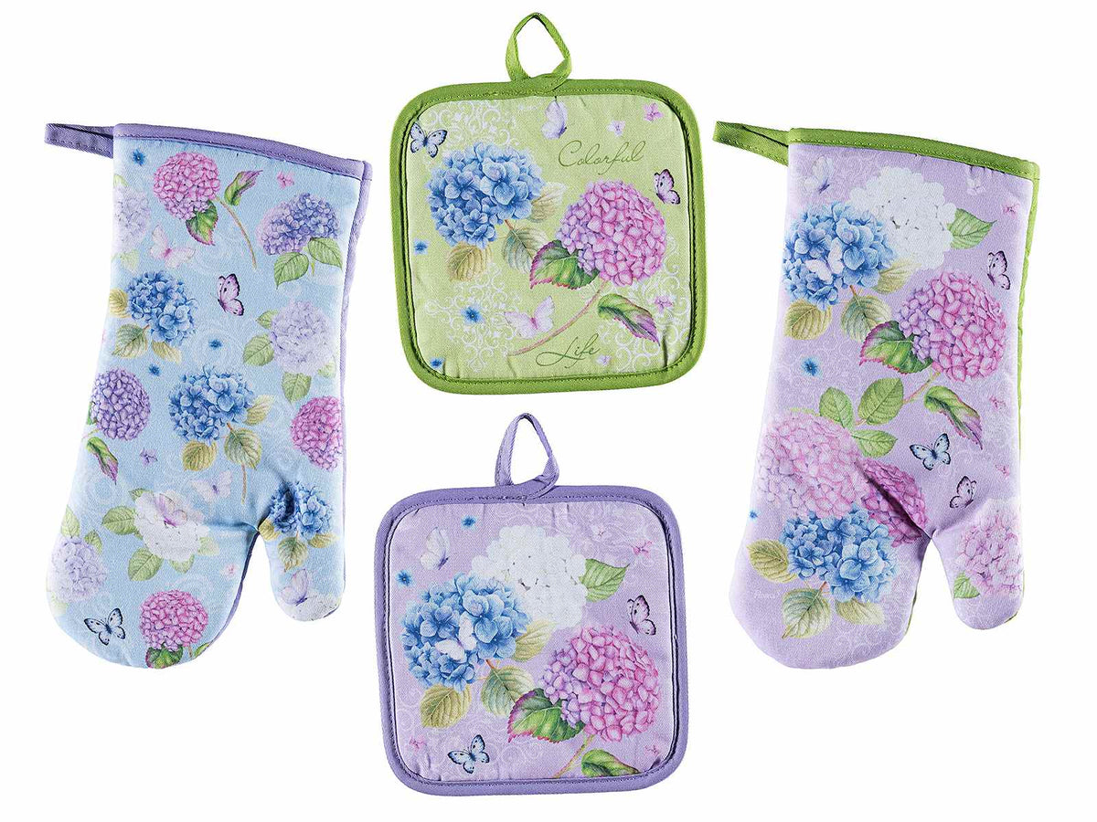 Set tessili cucina con guanto e presina con decori ortensie, set da 4 pezzi, Guanto: cm 17 x 30 H