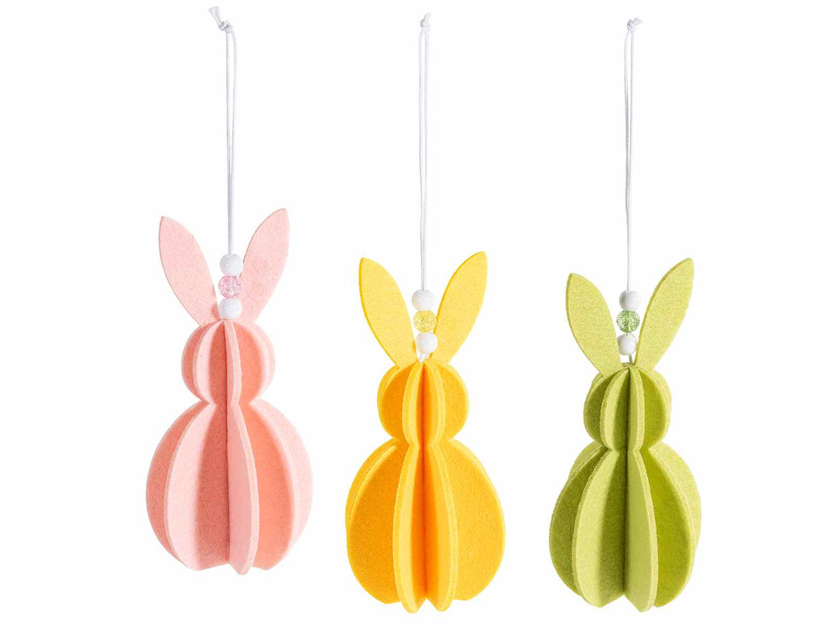 Coniglietti pasquali tridimensionali decorativi in panno colorato da appendere, set da 18 pezzi, Ø 7 cm x 15 H