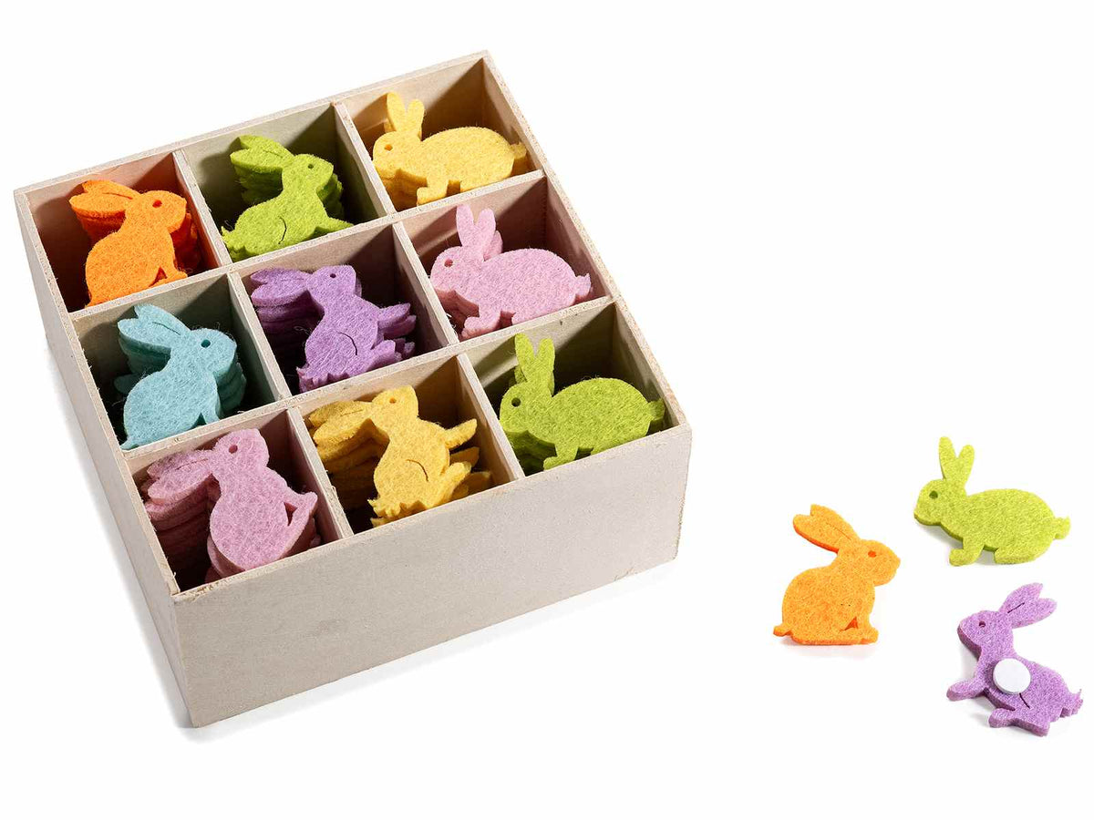 Decorazioni di Pasqua in panno colorato con biadesivo a forma di coniglietto, set da 2 pezzi, cm 3,5 x 3,5 H