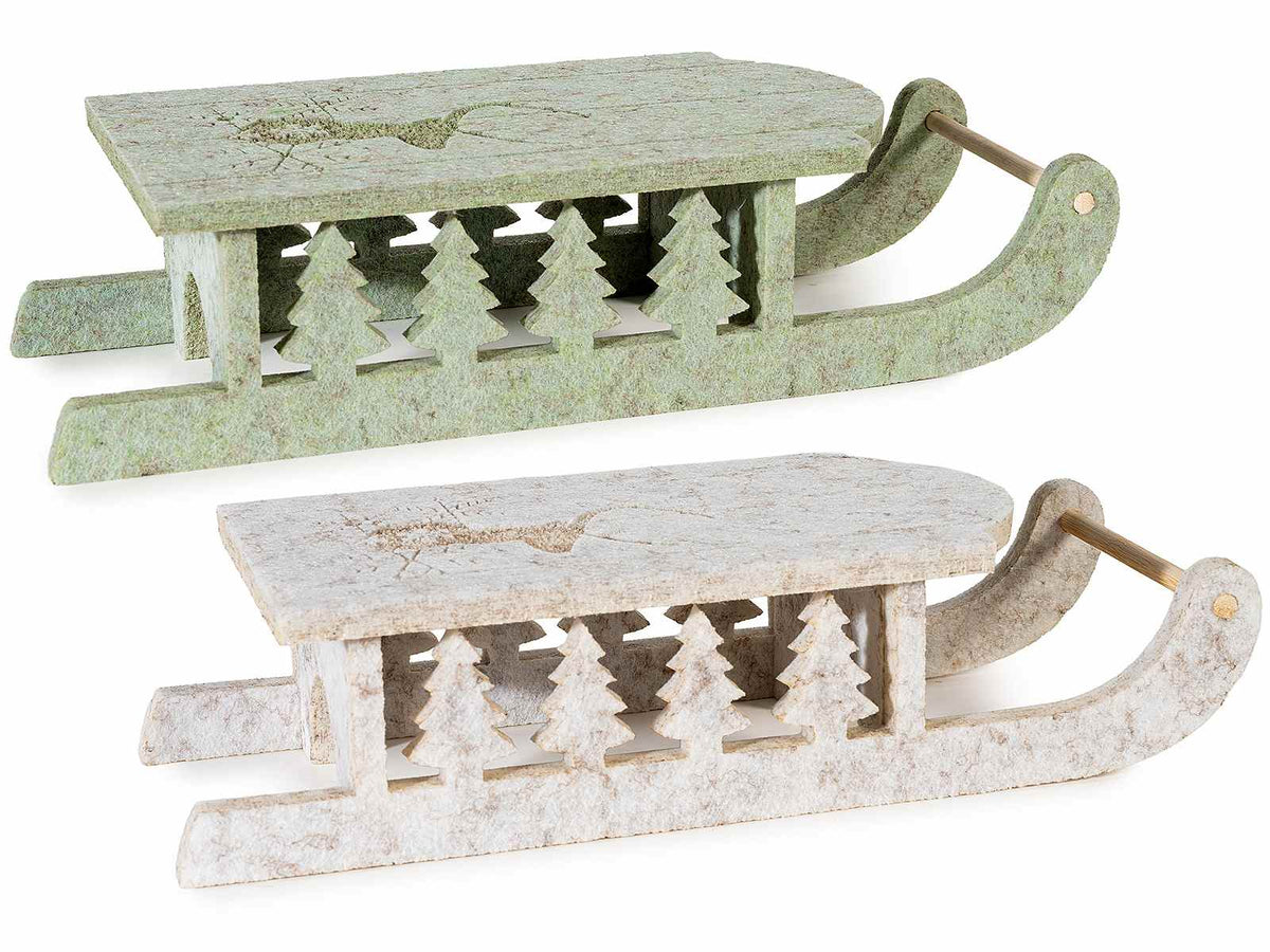 Slitte in panno e legno colorate con decori natalizi intagliati, set da 4 pezzi, cm 29,5 x 11,5 x 7 H