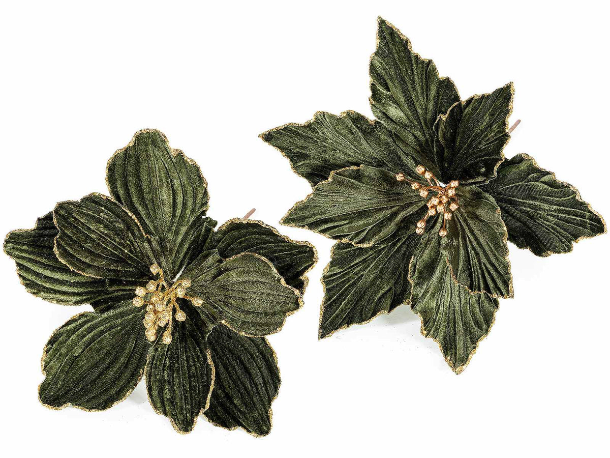 Stelle di Natale pick in stoffa verde con bordo e pistillo dorato, set da 12 pezzi, Ø 26 cm x 24 H
