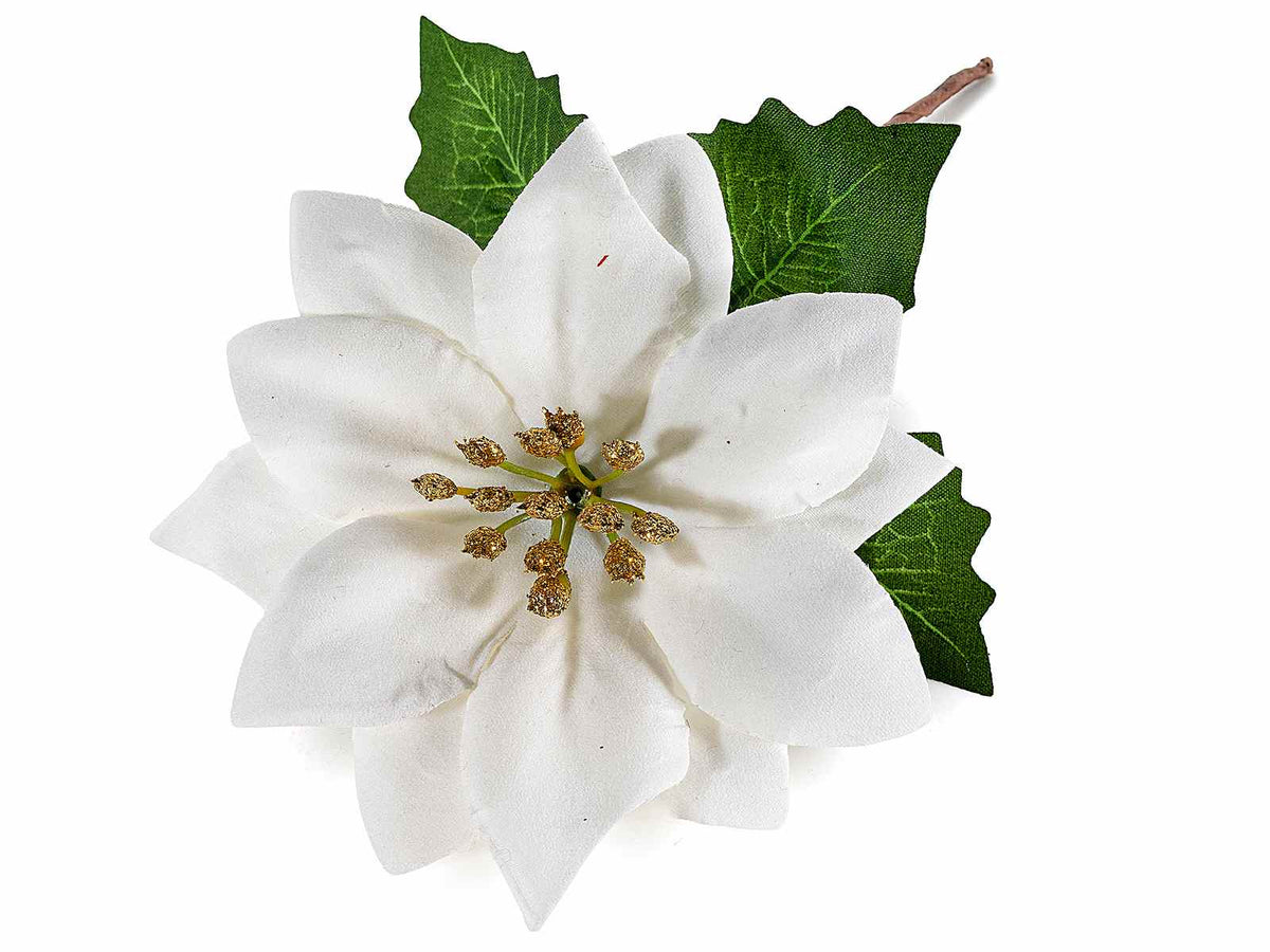 Stelle di Natale pick artificiali color bianco con pistilli oro e gambo, set da 28 pezzi, cm 7 H (con gambo 15)
