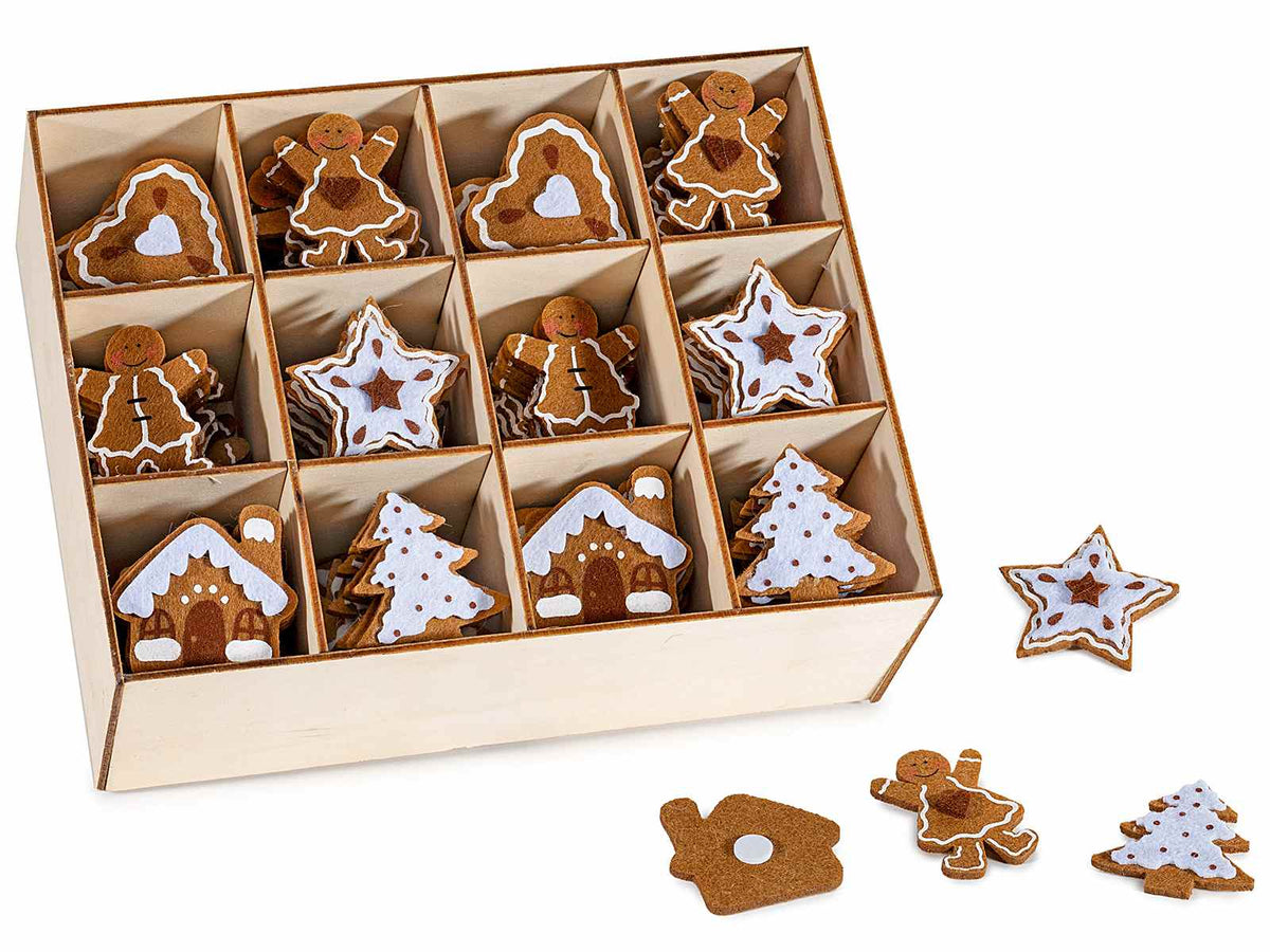Decorazioni in panno natalizie biscottini pan di zenzero con biadesivo. In espositore da 144 pezzi, Omino: cm 3,5 x 5 H