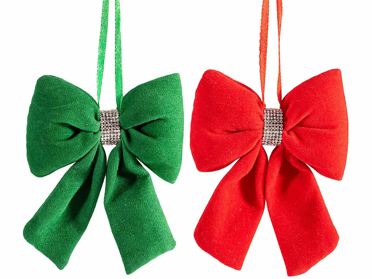 Fiocchi decorativi di Natale in velluto colorato con strass da appendere, set da 24 pezzi, cm 8 x 10 H