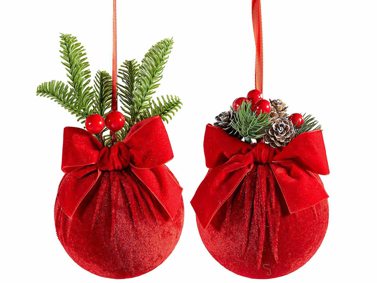 Palline di Natale in velluto rosso da appendere con fiocco e decoro con bacche, set da 6 pezzi, Ø 12 cm x 23 H