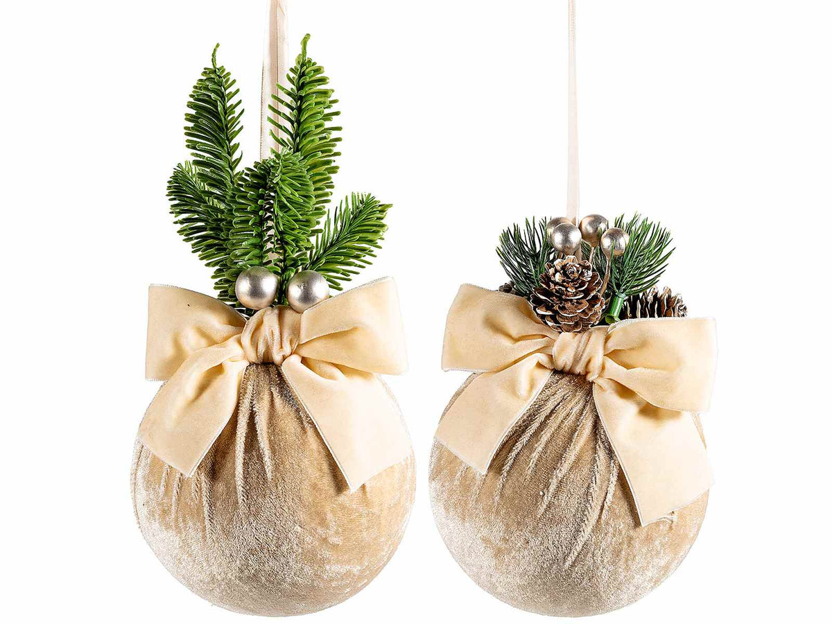 Palline di Natale in velluto champagne da appendere con fiocco e decoro, set da 6 pezzi, Ø 12 cm x 23 H