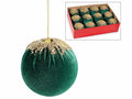 Palline di Natale in velluto verde da appendere con decori glitterati dorati, set da 12 pezzi, Ø 10 cm