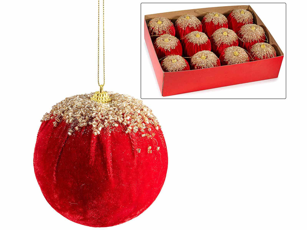 Palline di Natale in velluto rosso da appendere con decori glitterati dorati, set da 12 pezzi, Ø 10 cm