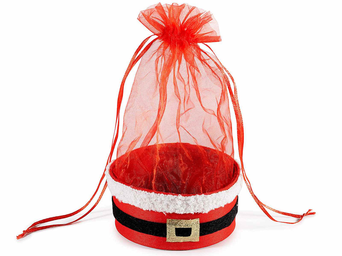 Cestini natalizi con cintura Babbo Natale, bordo effetto peluche e sacchetto, set da 12 pezzi, Ø 12,5 cm x 23 H