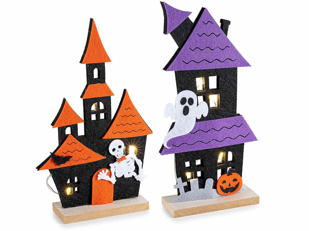 Set di 4 case stregate in panno con luci LED, 11x4x23 cm
