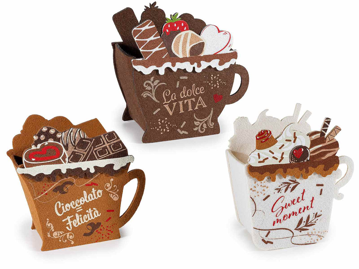Borsette / cestini in panno a forma di tazza con decori dolcetti e cioccolato, set da 9 pezzi, cm 13 x 6,5 x 14 H