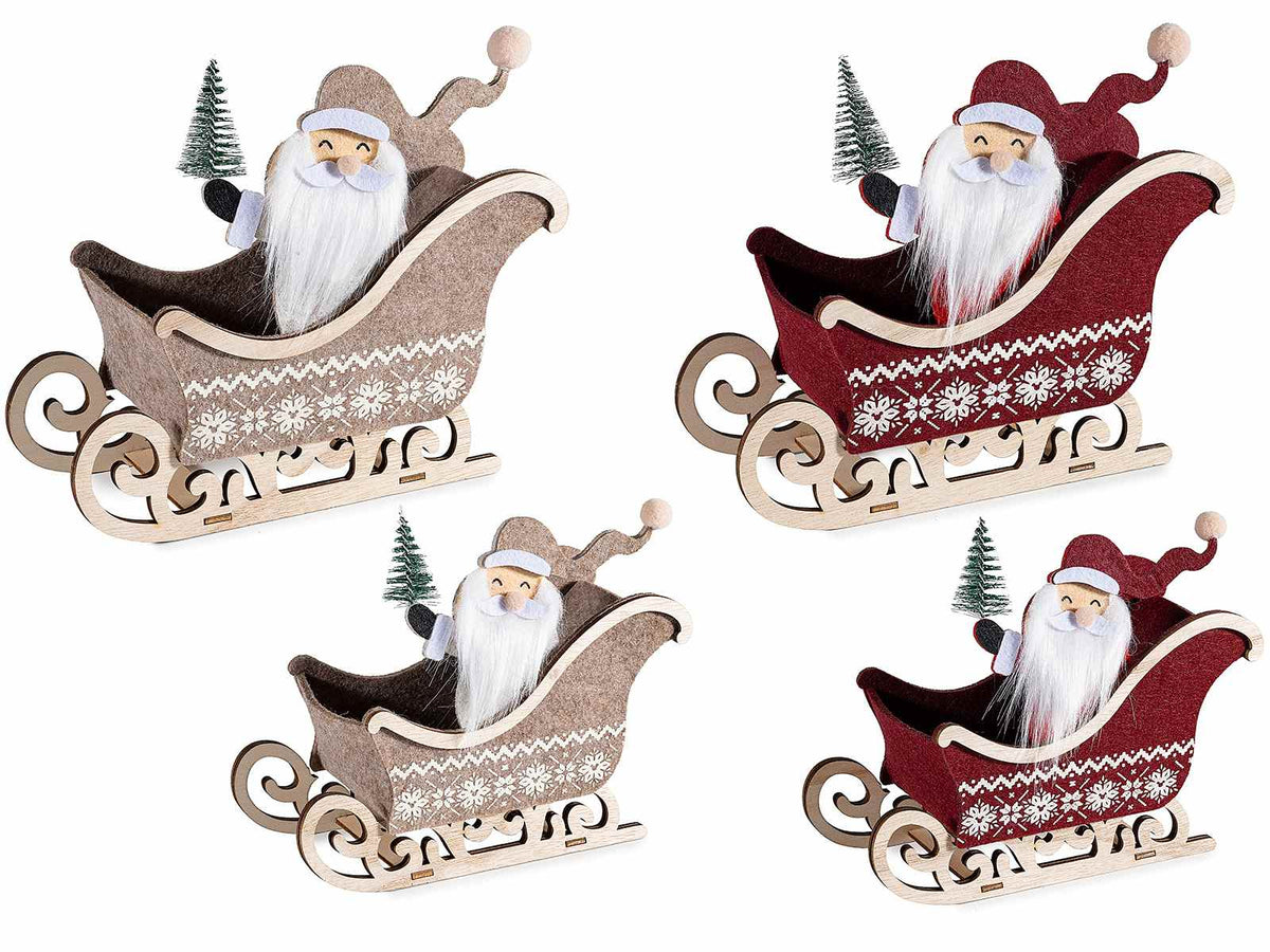Cestini natalizi a slitta in panno e legno con Babbo Natale in set da due pezzi, set da 2 pezzi, Grande: cm 22 x 8 x 19,5 H