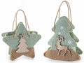 Borsetta in panno ad albero e a stella con decori in legno / juta e manici in corda, set da 6 pezzi, Albero: cm 16x7,5x18,5 H