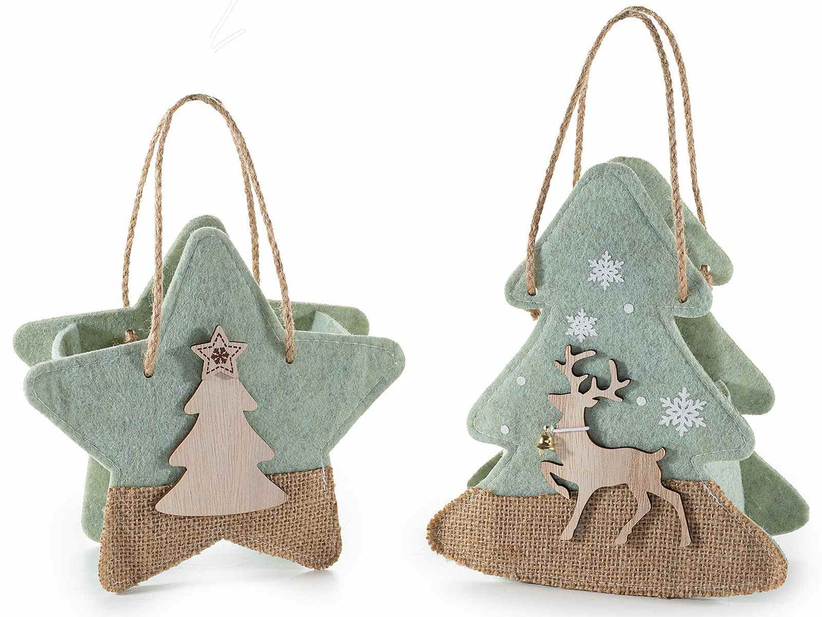 Borsetta in panno ad albero e a stella con decori in legno / juta e manici in corda, set da 6 pezzi, Albero: cm 16x7,5x18,5 H