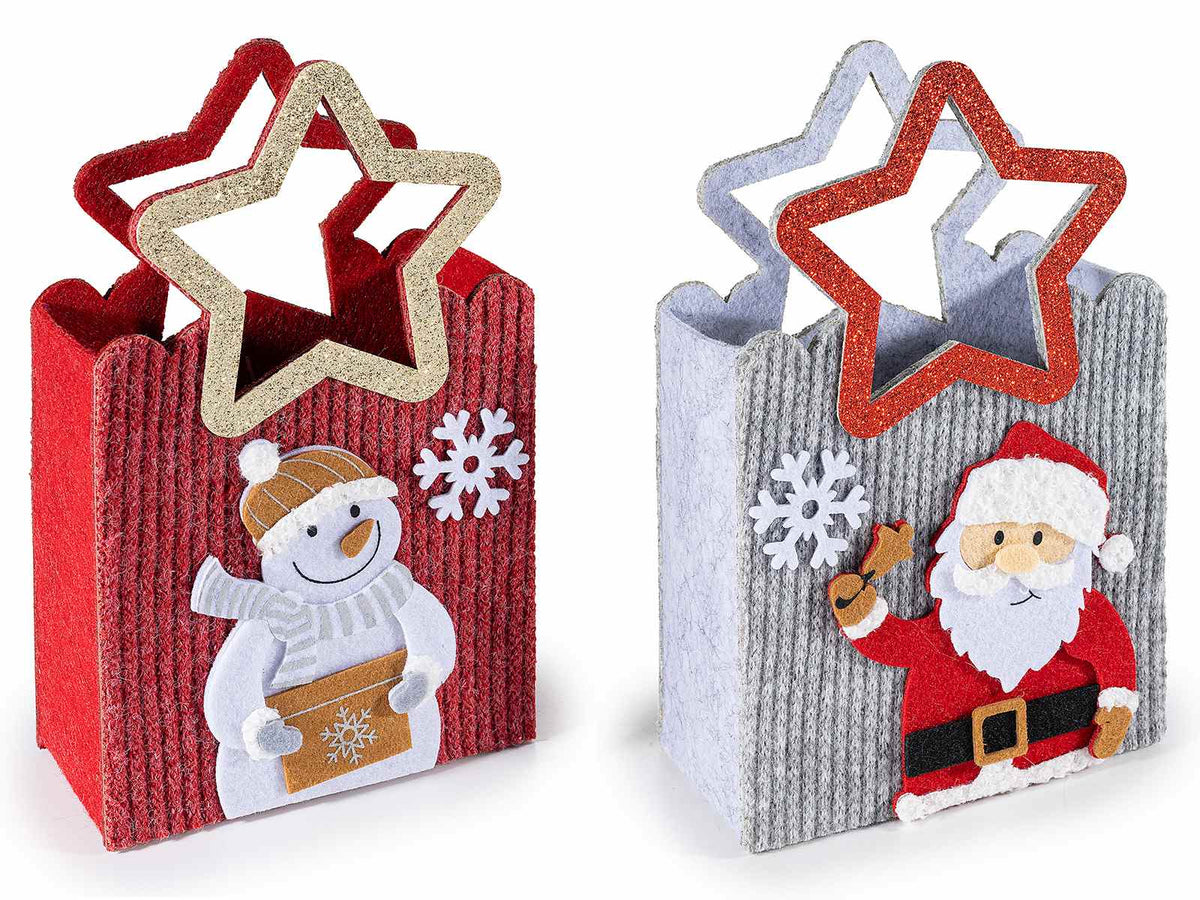 Borsette di Natale in panno con manici glitterati intagliati a forma di stella, set da 6 pezzi, cm 13x7x14 H (con manico21)