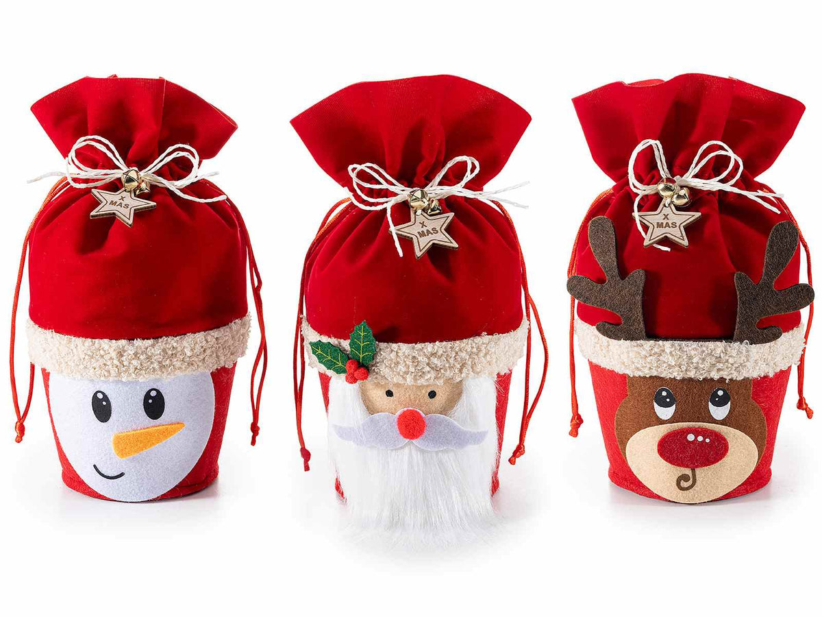 Contenitori / cestino a sacchetto di Natale in panno e velluto con personaggi, set da 6 pezzi, Ø12cmx25H (al tirante17)