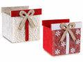 Cestini natalizi in panno a forma di pacco regalo con fiocco glitterato, set da 4 pezzi, cm 10 x 9,5 x 10 H