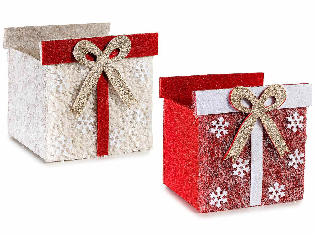 Cestini natalizi in panno a forma di pacco regalo con fiocco glitterato, set da 4 pezzi, cm 10 x 9,5 x 10 H