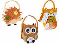 Borsette in panno ad animaletti del bosco, decori in rilievo e manico, set da 3 pezzi, cm15x7x17,5H (con manico24)