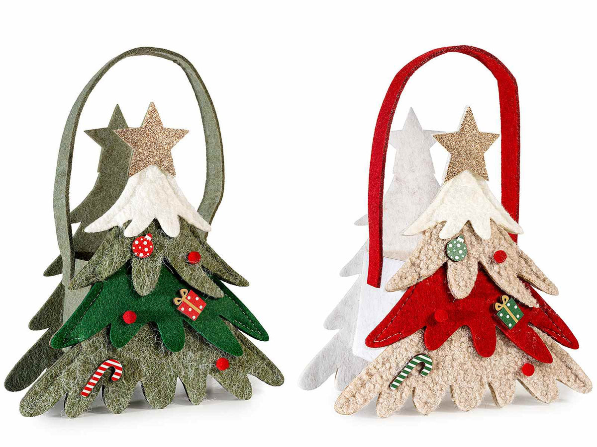 Borsette natalizie in panno ad albero di natale con decorazioni e glitter, set da 4 pezzi, cm18x9,5x20H (con manico24)