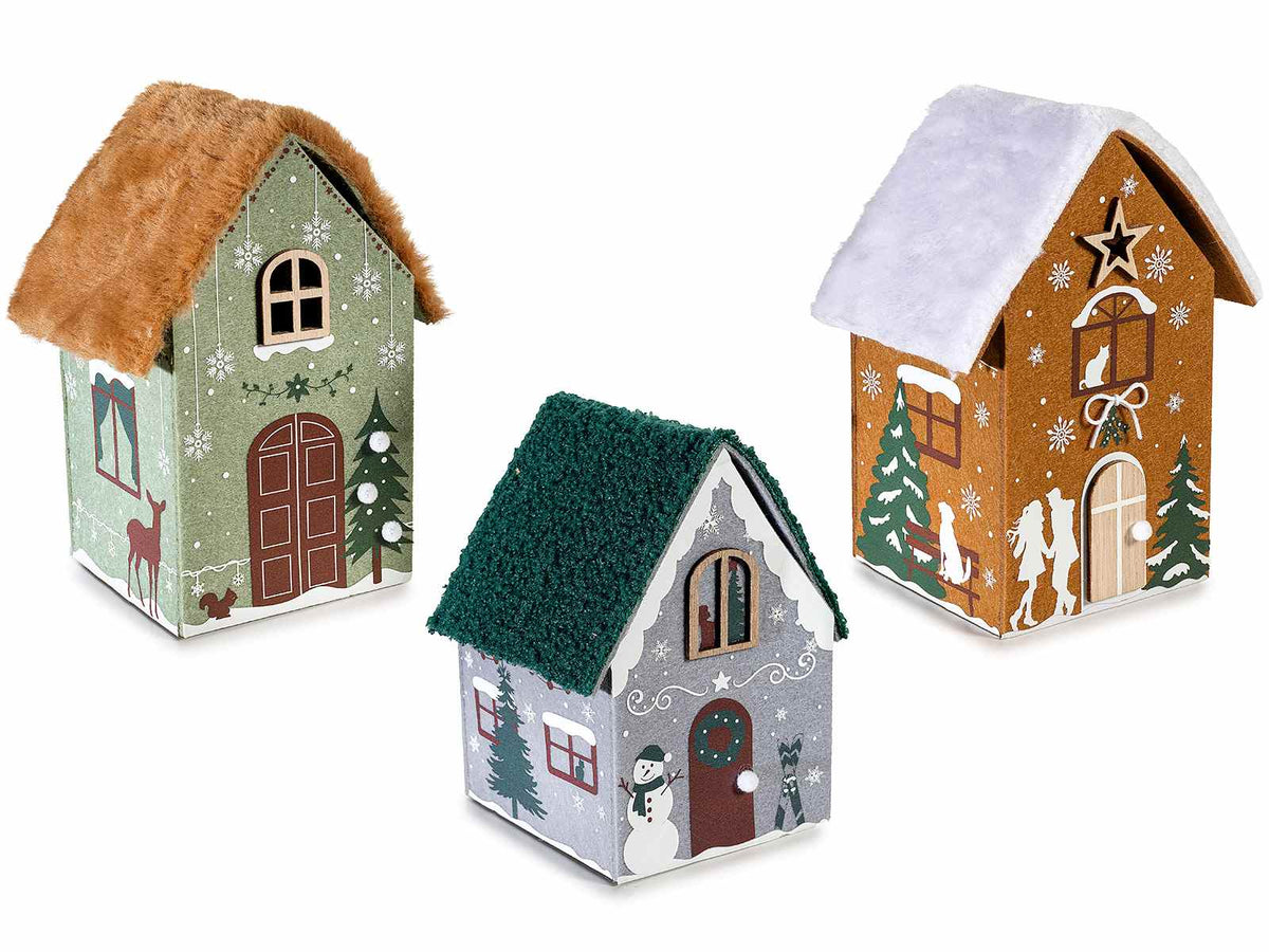 Cestini natalizi a contenitore in panno a casetta con tetto apribile stampa, set da 3 pezzi, cm 12 x 9 x 17 H