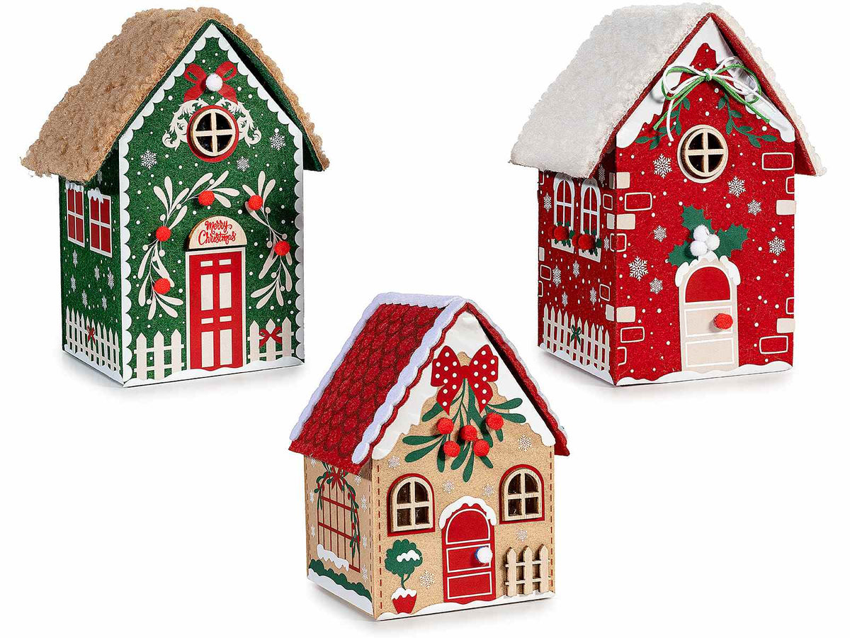 Cestini di Natale a contenitore in panno a casetta con tetto apribile, set da 3 pezzi, cm 12 x 9 x 17 H