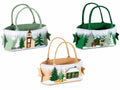 Set di 3 borsette natalizie in panno con rilievo e morbido eco-fur, paesaggio innevato, cm 19,5 x 10 x 11 H