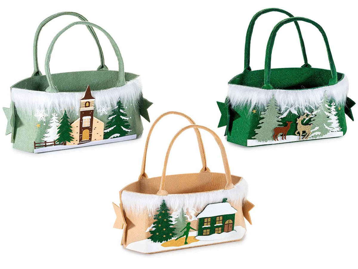 Set di 3 borsette natalizie in panno con rilievo e morbido eco-fur, paesaggio innevato, cm 19,5 x 10 x 11 H