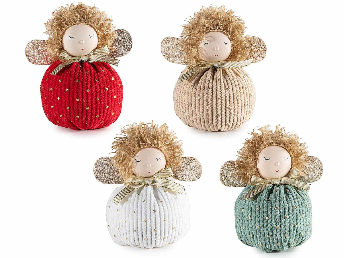 Angeli decorativi natalizi in stoffa con fiocco, ali dettagli dorati, set da 8 pezzi, Ø 6,5 cm x 9,5 H