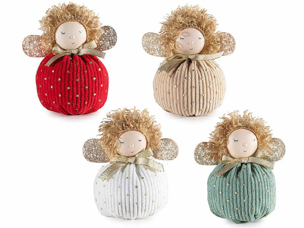 Angeli decorativi natalizi in stoffa con fiocco, ali dettagli dorati, set da 8 pezzi, Ø 6,5 cm x 9,5 H