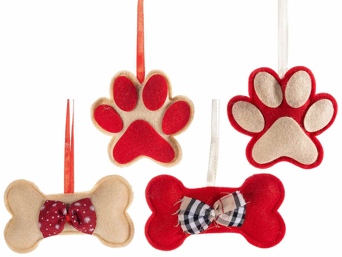 Addobbo natalizio in panno a tema cane e gatto con osso, zampina e fiocco da appendere, set da 12 pezzi, Osso: cm 11 x 6 H