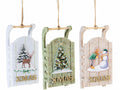 Set di 6 slitte in panno da appendere con decorazione stampata e scritta glitterata, cm 16 x 7,5 x 4 H