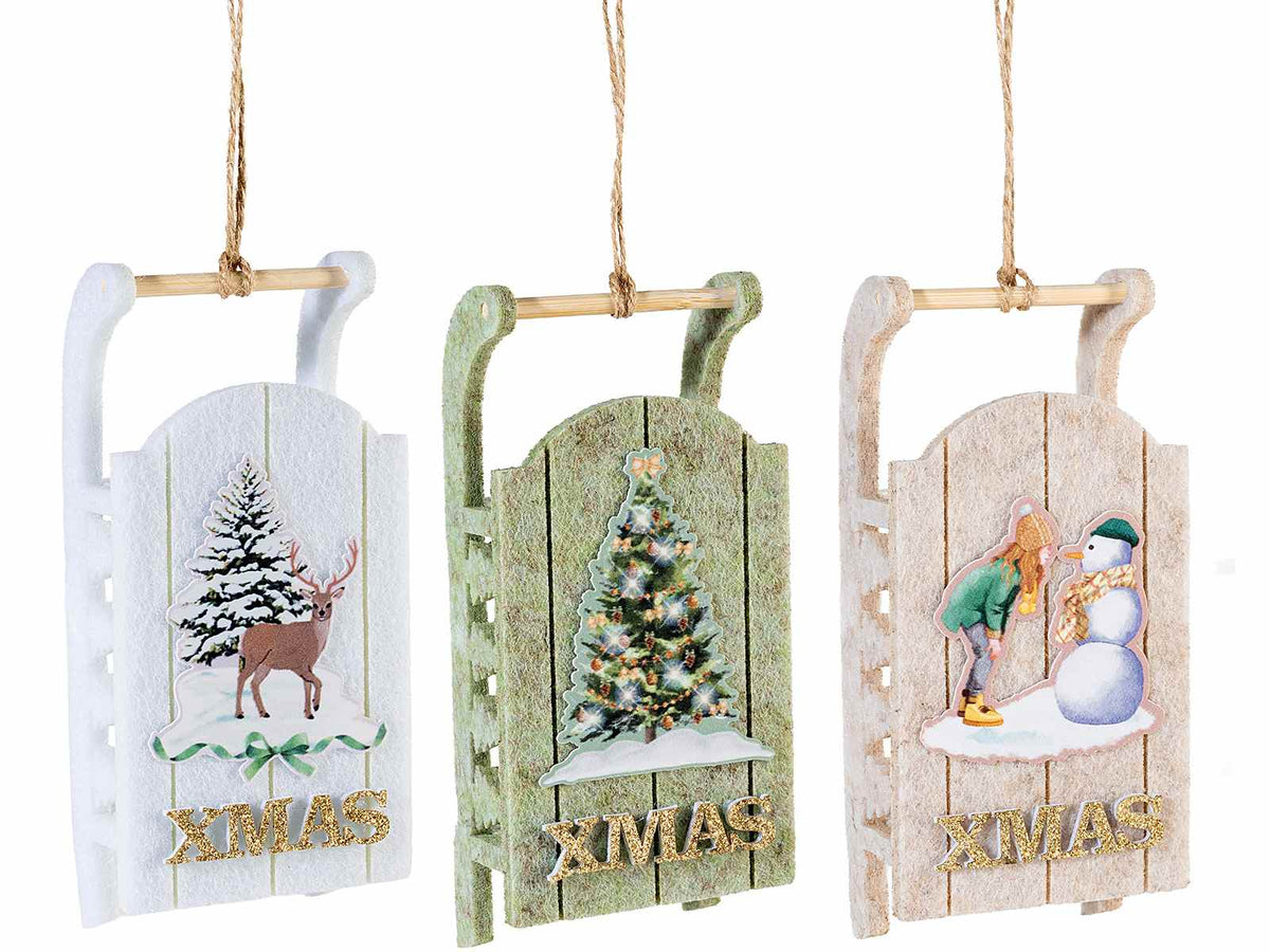 Set di 6 slitte in panno da appendere con decorazione stampata e scritta glitterata, cm 16 x 7,5 x 4 H