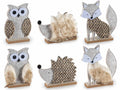 Animaletti del bosco decorativi in panno, eco-fur su base in legno, set da 6 pezzi, Volpe: cm 14,5x3,5x15,5 H