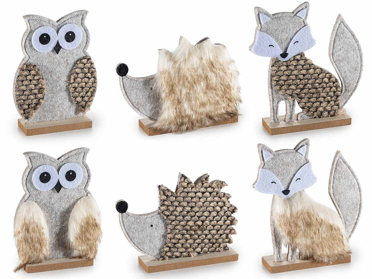 Animaletti del bosco decorativi in panno, eco-fur su base in legno, set da 6 pezzi, Volpe: cm 14,5x3,5x15,5 H