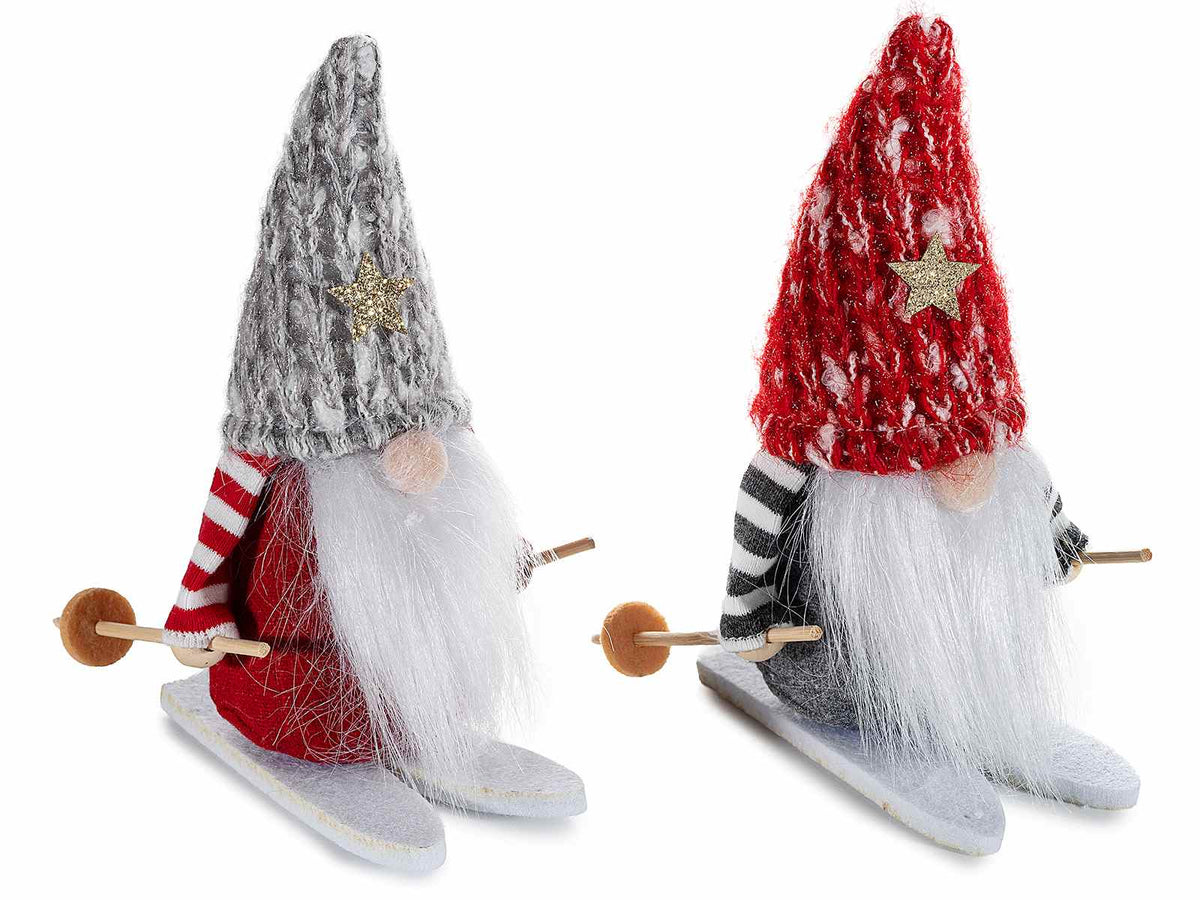 Gnomi natalizi sciatori in stoffa con sci, racchette e stellina su cappello, set da 6 pezzi, cm 8x12x15 H (capp.esteso)
