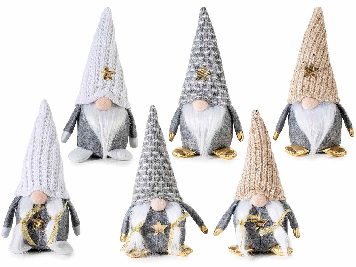 Babbo e Mamma Natale a gnometto in stoffa colorata con stella dorata su cappello, set da 6 pezzi