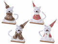 Gatto natalizio in stoffa con cappello su base in legno da appoggiare, set da 4 pezzi, cm 15x6x23 H (capp.esteso)