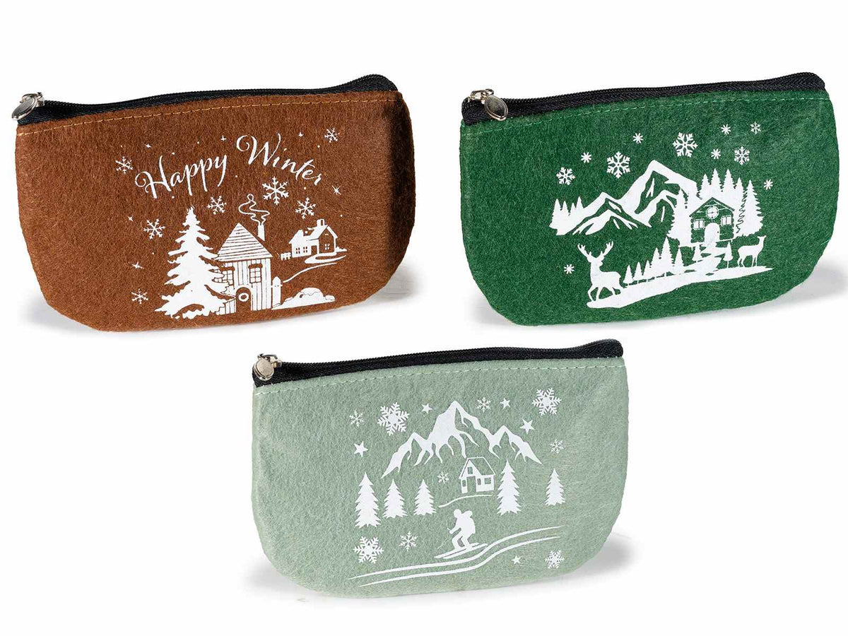 Astucci natalizi in feltro con cerniera e stampa paesaggio invernale, set da 9 pezzi, cm 15,5 x 9 H